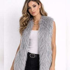 LANSHIFEI Gray Faux Fur Long Vest Large